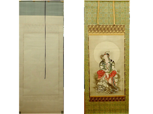 玉手菊洲 菊洲　文珠菩薩　仏画　呉道子筆　　掛軸　掛け軸　紙に彩色　日本画　Japanese hanging scroll　　中古