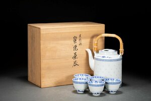 【善古堂】某有名オークション買入 時代物 中国伝来 景徳鎮 瑩焼茶器【玩玉】在銘 染付き茶煎道具 五客 骨董品 古美術0525-28S25