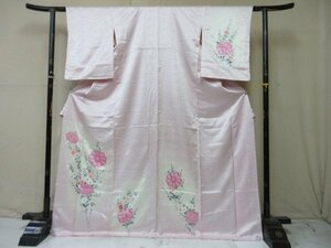 1円 良品 正絹 着物 訪問着 縮緬 式典 和装 和服 桃色 絞り 枝葉 枝花 鹿の子 高級 袷 身丈165cm 裄62cm【夢職】★★★