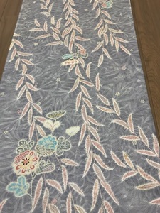 【値下げ】★和布★古布　正絹　小紋着尺　ハギレ（藤紫地　絞り柄　菊・柳）39×110㎝　和柄　着物