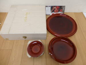 F5-5.2）飛騨高山　春慶塗　丸盆　菓子器　茶托（5枚）セット　天然木　カシュー塗装