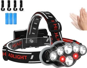 超強力 8LED】ヘッドライト led 軍用 最強 明るい 電池式 防水 Type-C タイプC 充電式【COB 赤 白色光/超高輝度 ルーメン/手振りセンサー