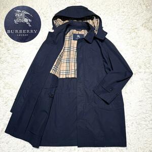 極美品●1円●バーバリーロンドン Burberry London ステンカラーコート フーデットコート ノバチェック 2way フード ビジネス ネイビー L