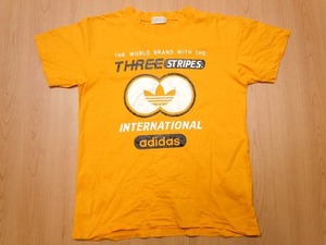 80s 90s ヴィンテージ adidas アディダス トレフォイル プリント ビッグロゴ DESCENTE デサント 半袖 Tシャツ M★古着 穴有り★a