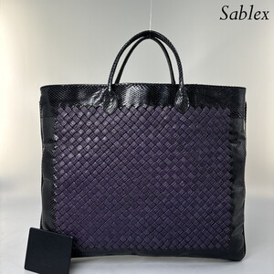 1円【新品同様】BOTTEGA VENETA ボッテガヴェネタ パイソン レザー ハンドバッグ ブラック イントレチャート ミラー付 希少 トートバッグ