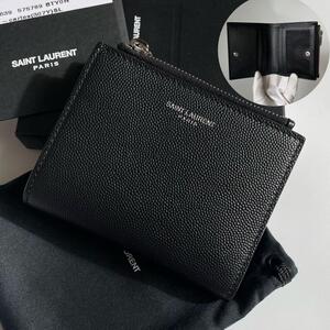 【新品★付属品完備】SAINT LAURENT サンローラン メンズ 二つ折り財布 ミニウォレット カーフレザー キャビアスキン 黒 ブラック 575789