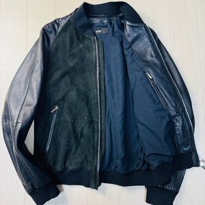 美品/48 L相当★ヒューゴボス/HUGO BOSS 羊革 切替スエード 山羊革 レザー ジャケット MA-1 ブルゾン ツートンカラー メンズ 黒紺