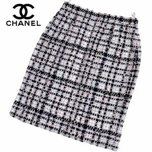 CHANEL シャネル ツイード ひざ丈スカート チェック ココボタン ココマーク P63188 ピンク ホワイト ブラック 38サイズ