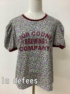 la defees ラディフィーズ カーキに薄黄やピンクの小花 パフスリーブTシャツ サイズ2