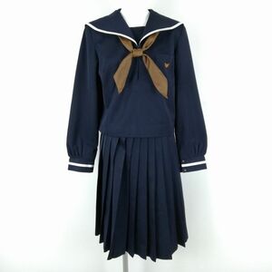 1円 セーラー服 スカート スカーフ 上下3点セット L 大きいサイズ 冬物 白1本線 女子 学生服 高知西部中学 紺 制服 中古 ランクC NA8684