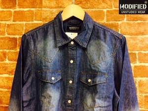 ★表記M/新品！MODIFIED.デニムウエスタンシャツ.雰囲気◎.RUDO.アメカジ.NAVY.ルード系ロックバイカー西海岸サーフサーファースタイル/2Y