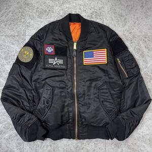 美品 ALPHA MA-1 アルファインダストリーズ フライトジャケット リバーシブル ミリタリー 短丈 ワッペン USA国旗 FLEX SLIM JACKET 黒 L