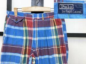 90s ラルフローレン ツータック マドラスチェック柄 パンツ / 90年代 POLO RALPH LAUREN madras check スラックス Pants インド綿