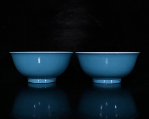 【古寶奇蔵】清・雍正年製款・古陶瓷品・天藍釉・粉彩・花卉紋・供碗一對・置物・賞物・中国時代美術