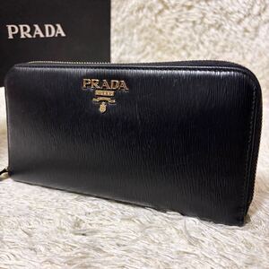 未使用級◆PRADA プラダ 長財布 ロングウォレット レザー ラウンドファスナー 金ロゴ ゴールドロゴ ブラック 黒 メンズ レディース