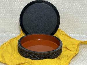 喰籠 古美術 時代物 極上品 側面飾彫 木製漆塗 茶道具 盆 器 鉢 喰篭 じきろう 約 直径 22㎝ × 高さ 4.5㎝ ( 上蓋含む ) ■ 駒A 英590