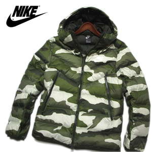 【NIKE】 カモフラ　フーデッドダウンジャケット　カーキ系　サイズL　たっぷりダウン　DOWN JACKET　WZIP　ナイキ