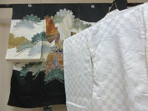 1円 良品 正絹 子供着物 男児用 産着 襦袢セット 七五三 和服 黒 鷹 松 花亀甲 カッコいい 袷 身丈96cm【夢職】★★★