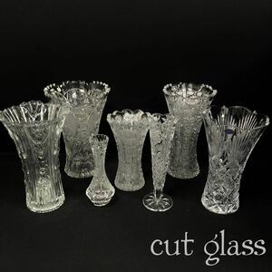 T■ カットガラス フラワーベース 7点 まとめ売り クリスタルガラス Crystal BOHEMIA ボヘミア H18〜25.5cm インテリア 花瓶 花器 花入