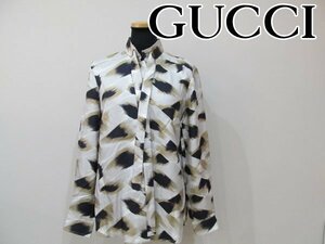 １円 GUCCI 　グッチ　シルク100％　シャツ　総柄　ベージュ系　サイズ42