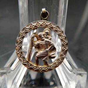 ヴィンテージ 925 シルバー ペンダント コイン チャーム 彫金 男性 子供 St Christopher 聖人 宗教 ⑨ T7