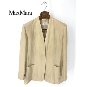 A6077/極美品 春夏 裏地無し MaxMara マックスマーラ 白タグ リネン100 ノーカラー テーラードジャケット 46 ベージュ/レディース スーツ用