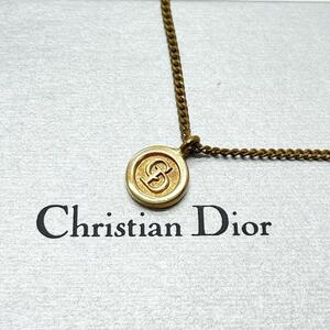 美品 クリスチャンディオール Christian Dior ネックレス アクセサリー コイン プレート サークルロゴ 文字 刻印 ゴールド 金色