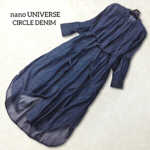 32 【nano UNIVERSE】 ナノユニバース サークルデニム シャツワンピース ロングワンピース 36 S ネイビー バンドカラー 長袖 ベルト 薄手