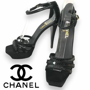 n287 CHANEL シャネル ココマーク スパンコール サンダル ピンヒール アンクルストラップ ハイヒール フォーマル 黒 39 イタリア製 正規品