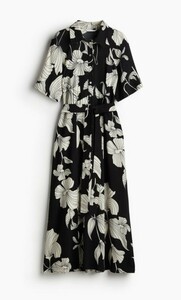 完売品/未使用/H＆M ベルテッドシャツドレス/Mサイズ/ロングマキシ丈 ワンピース花柄/半袖ボタニカル柄スカート/ブラック ブラック