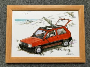 ■BOW。池田和弘『Fiat Panda』B5サイズ 額入り 貴重イラスト 印刷物 ポスター風デザイン 額装品 アートフレーム 旧車