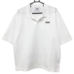 【超美品】PGGパーリーゲイツ 半袖スキッパーシャツ 白 ロゴ総柄織生地 メンズ 5(L) ゴルフウェア PEARLY GATES