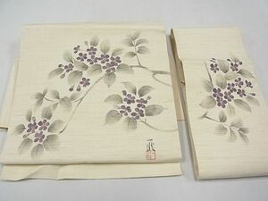 平和屋1■夏物　つけ帯　作家物　手描き　枝花文　麻　逸品　CAAD4718tx