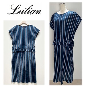 《Leilian レリアン》新品 薄手 サラッとした凹凸生地 レトロ調 オルタネイトストライプワンピース 13＋ 大きいサイズ S0124