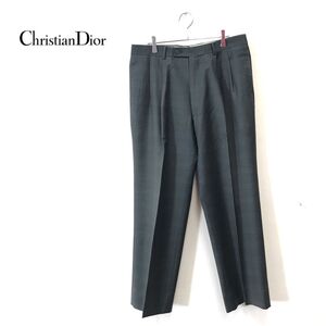 1D1716-D◆old◆ Christian Dior クリスチャンディオール スラックス 2タック ワイド ◆ size88 グリーン系 チェック ウール100