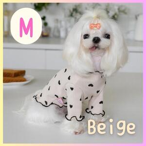 【新品】Ｍ 犬服 ドッグウェア ハート リブ フリル ハイネック モカ 猫