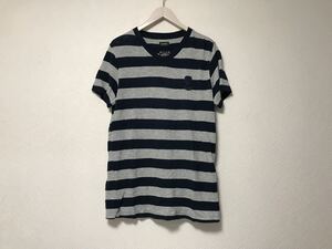 本物ディーゼルDIESELコットンVネックボーダー柄ニット半袖Tシャツメンズサーフアメカジミリタリーストリート紺ネイビーグレーMインド製