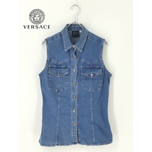 A7836/美品 春夏 VERSACE JEANS COUTURE ヴェルサーチ デニム 銀ボタン ワーク ノースリーブ ベスト ジレ シャツ M インディゴ/レディース