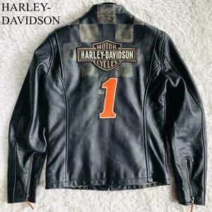 希少 未使用 HARLEY-DAVIDSON【極上の艶感】ハーレーダビッドソン ライダースジャケット ビッグ刺繍ロゴ ボタンロゴ チェック ブラック L