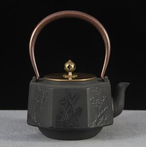 茶壺 手彫り鉄壺 鉄やかん 鉄分補給 未塗装鉄瓶 茶道具 1.2L