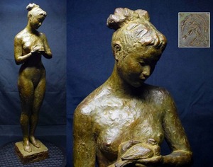 大型作品 文化功労者 彫刻家【矢野秀徳】ブロンズ銅『美人裸婦像』高80.5cm 置物　師)北村西望