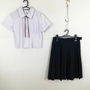 1円 ブラウス スカート 紐タイ 上下3点セット M 夏物 女子 学生服 中学 高校 白 制服 中古 ランク:C NA2175