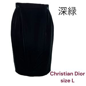 美品　クリスチャンディオール　美しい深緑　高級ベロア、ベルベット　タイトスカート　L、11号　Christian Dior 