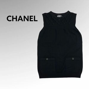 高級 CHANEL シャネル P46827K05893 チェーン装飾ココボタン カシミヤ混 ノースリーブニット カットソー