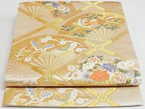 平和屋着物◎六通柄袋帯　扇面天井花鳥文　金糸　正絹　逸品　AAAF1008Abw