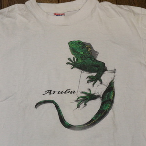 90s ARUBA アルバ イグアナ 騙し絵 Tシャツ L ホワイト 生物 動物 アニマル イラスト オランダ リゾート ビーチ スーベニア ヴィンテージ