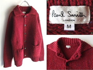 希少 90sビンテージ Paul Smith LONDON ポールスミス 襟付 肉厚ネップウール ニットカーディガン ジャケット M バーガンディ 日本製 全紳連