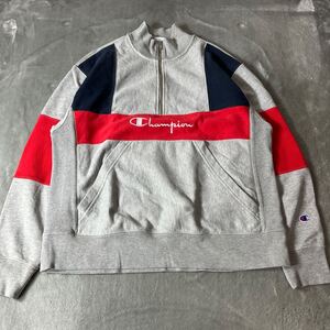 リバースウィーブ Champion チャンピオン スウェット トレーナー プルオーバー ハーフジップ　L 00s〜　青単色タグ 復刻　グレーバイカラー