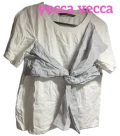 【 yecca vecca 】 ホワイト ストライプリボン付き Tシャツ 半袖