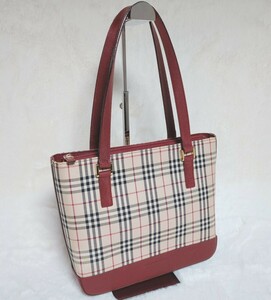 【人気】【保存袋付】BURBERRY LONDON バーバリー ロンドン ノバチェック トートバッグ サフィアーノレザー ハンドバッグ ボルドー レッド